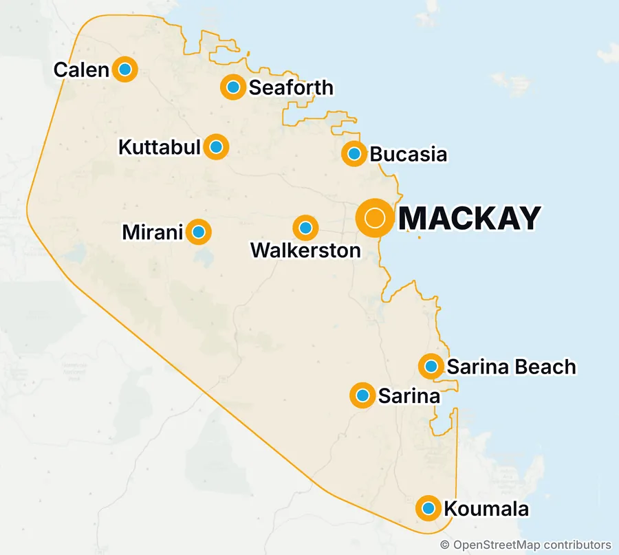 Map of the ten travel zones around Mackay, outlined in orange and marked by their main towns: Mackay, Bucasia, Kuttabul, Seaforth, Calen, Walkerston, Mirani, Sarina, Sarina Beach and Koumala.
